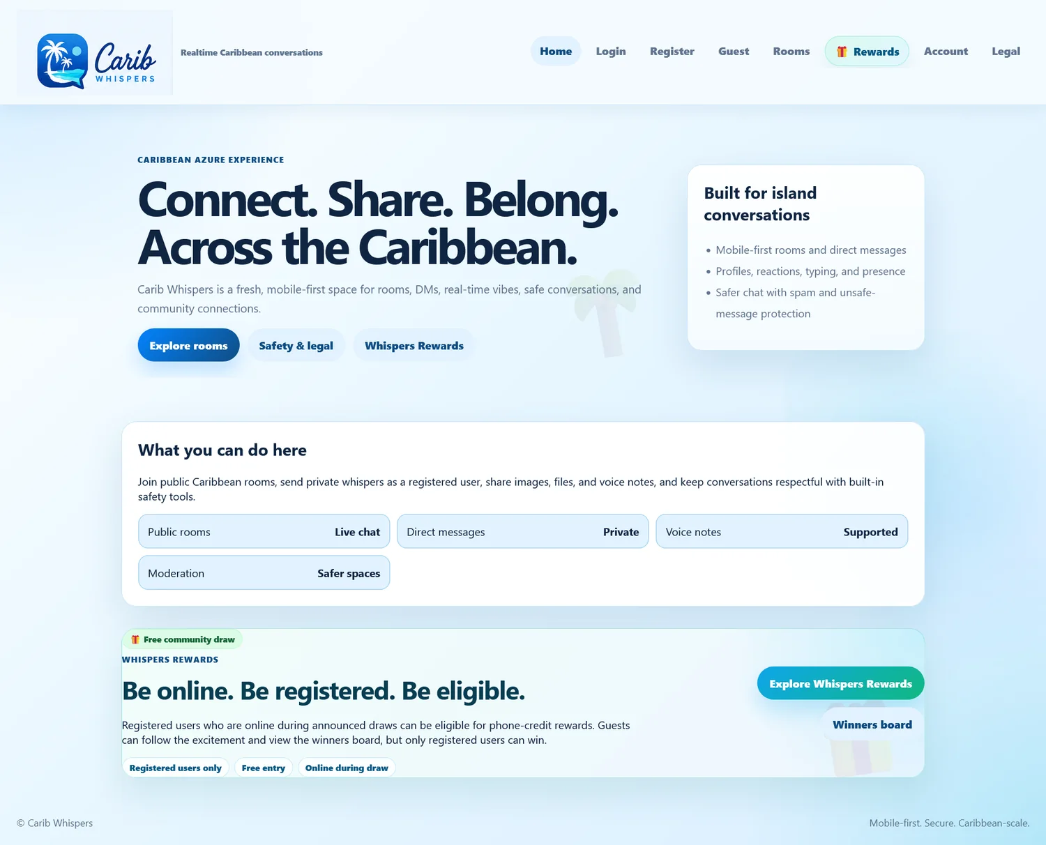 Carib Whispers platform home page